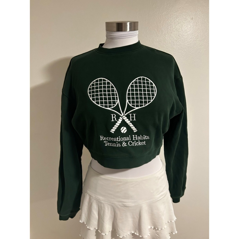 Recreational Habits Green Cropped Varsity Sweatshirt Tennis & Cricket Graphic XS